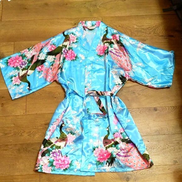 Vintage Mei Ye Si Da Peacock Floral Satin Kimono OS - Picture 1 of 7